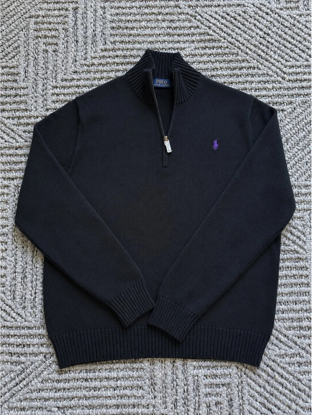 Ralph Lauren Black Wool Half-Zip Sweater/Purple Pony -NWT-Retail $165 size XL